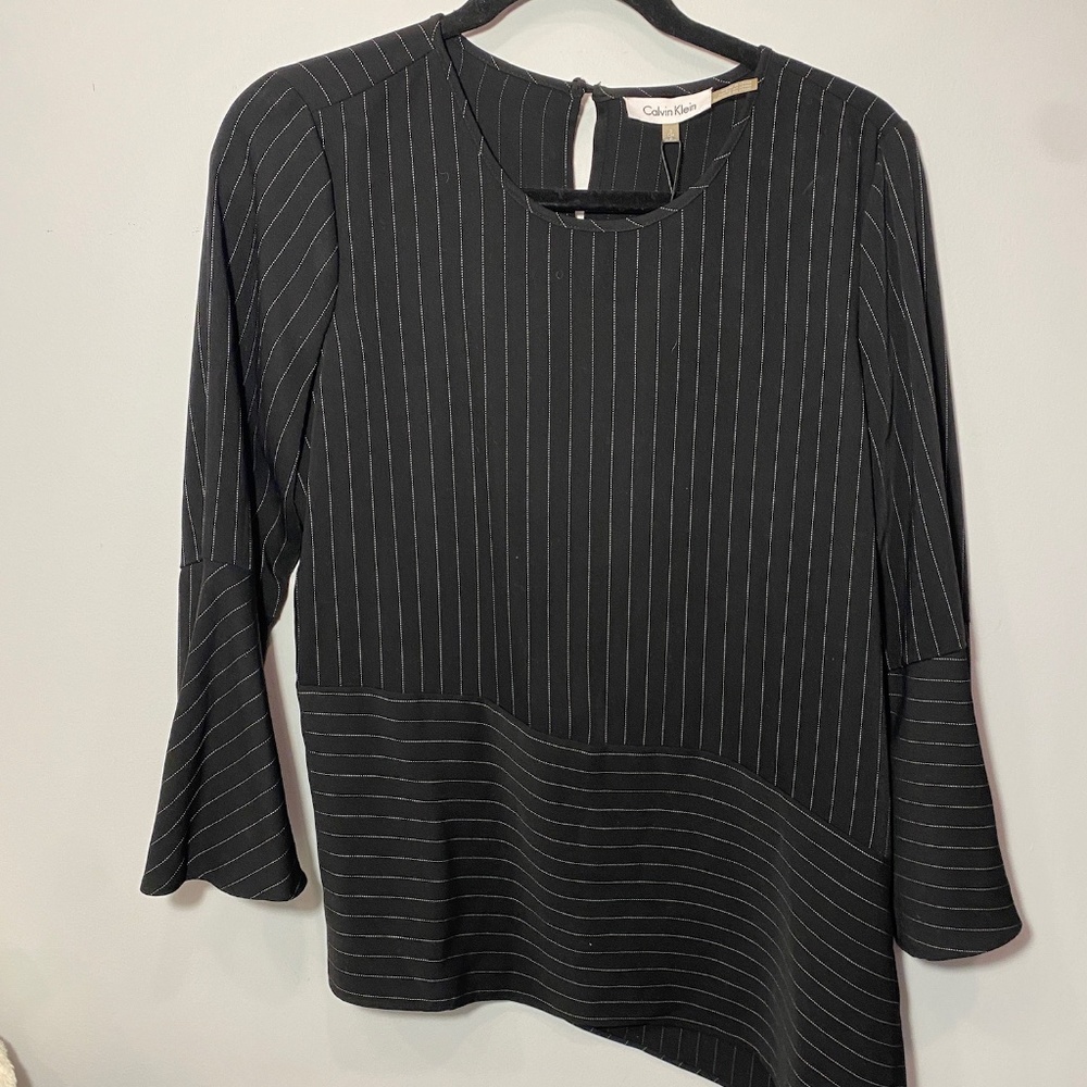 Calvin Klein Pinstripe Asymmetrical Business Blouse